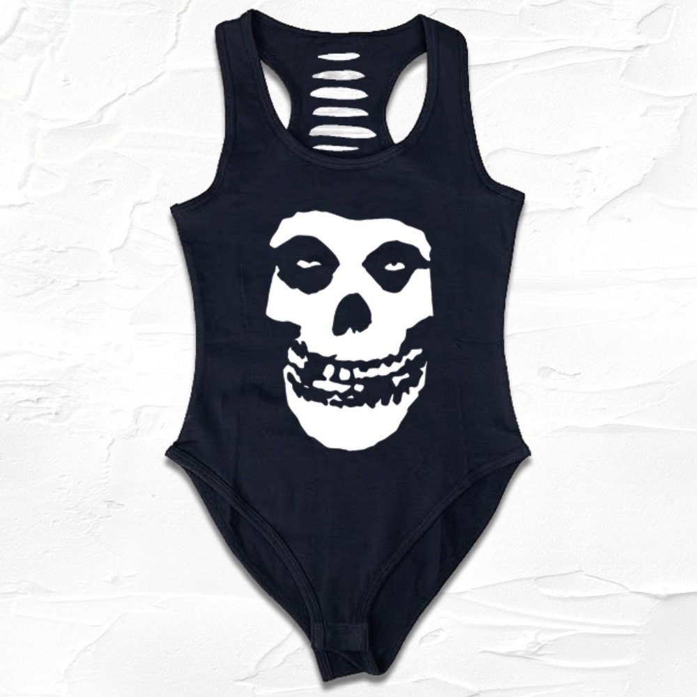Black/White Womens Misfit Band Handmade Bodysuit, Skull Outfit for concert